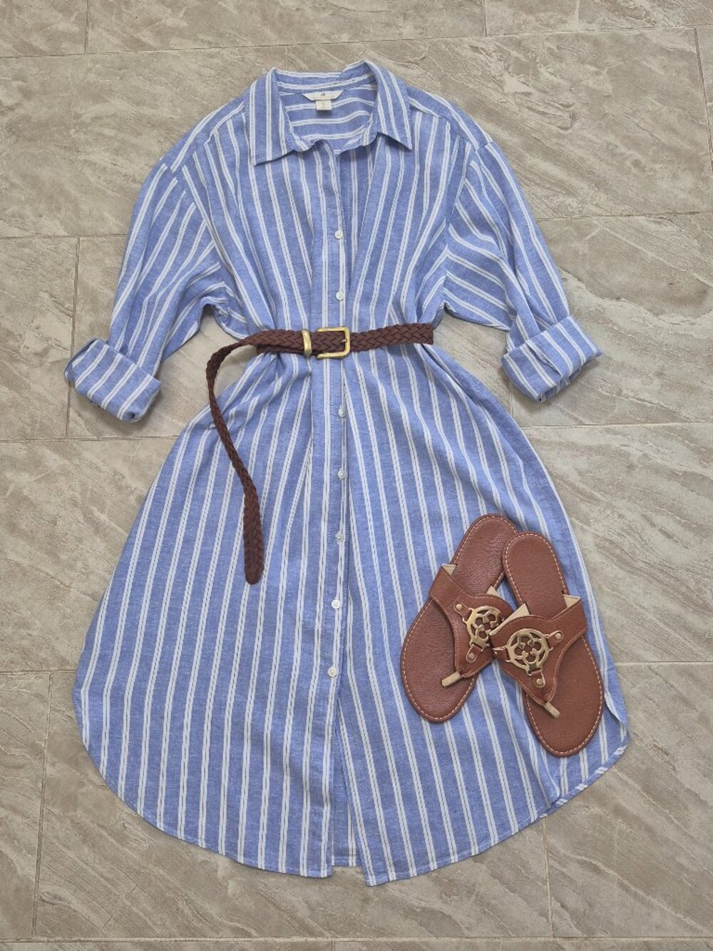 Linen Blend Blue White Stripe Shirt Dress sz L Casual Summer Coastal Prep